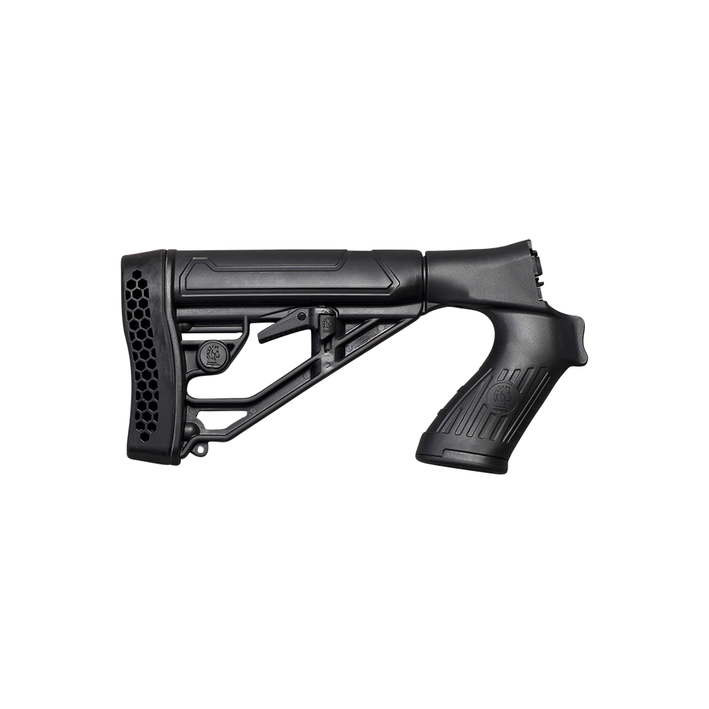A black adjustable rifle stock and handguard assembly with a textured grip, shown from a side profile on a transparent background.