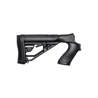 A black adjustable rifle stock and handguard assembly with a textured grip, shown from a side profile on a transparent background.