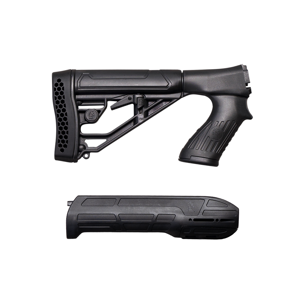 Complete black tactical shotgun furniture upgrade kit featuring an adjustable stock with pistol grip and matching M-LOK handguard forend, isolated on a transparent background.