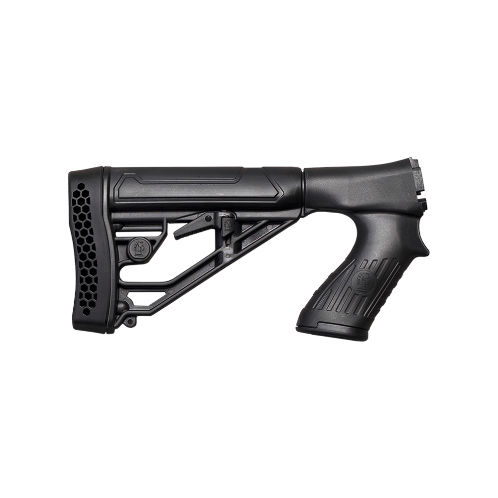 A black adjustable rifle stock buttstock with a textured grip and honeycomb vent on the buttplate, shown against a transparent background.
