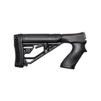 A black adjustable rifle stock buttstock with a textured grip and honeycomb vent on the buttplate, shown against a transparent background.