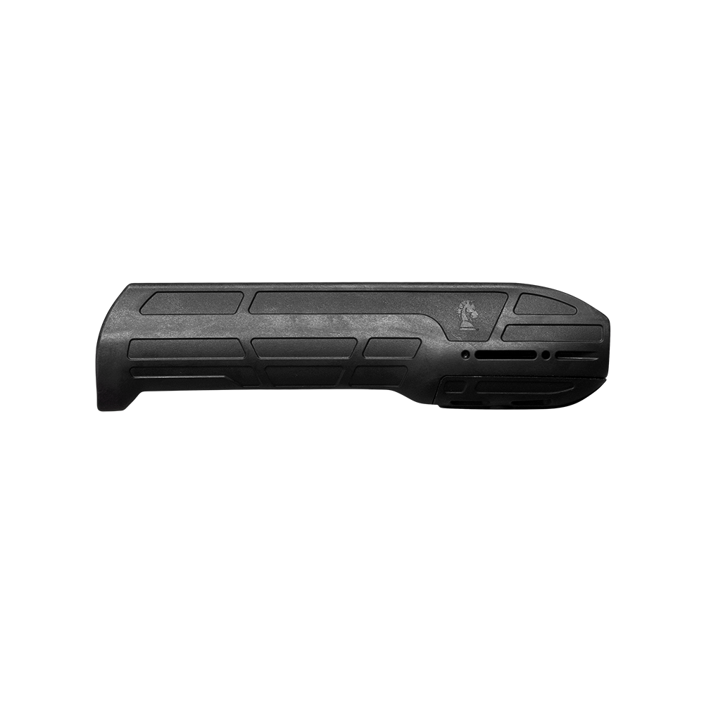 Product shot of a matte black replacement forend accessory with accessory attachment slots, displayed on a transparent backdrop.