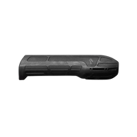 Product shot of a matte black replacement forend accessory with accessory attachment slots, displayed on a transparent backdrop.