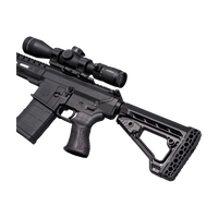 A black tactical rifle with an attached scope, magazine, grip, and adjustable stock, shown on a transparent background.