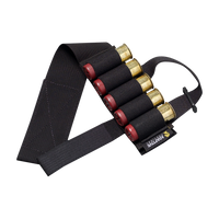 A black shotgun belt with five mounted shotgun shells, shown on a transparent background. The belt has a visible 'ADAPTIVE' brand label.