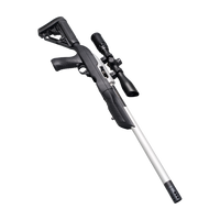 A black and silver tactical rifle with an attached scope, shown diagonally on a transparent background.