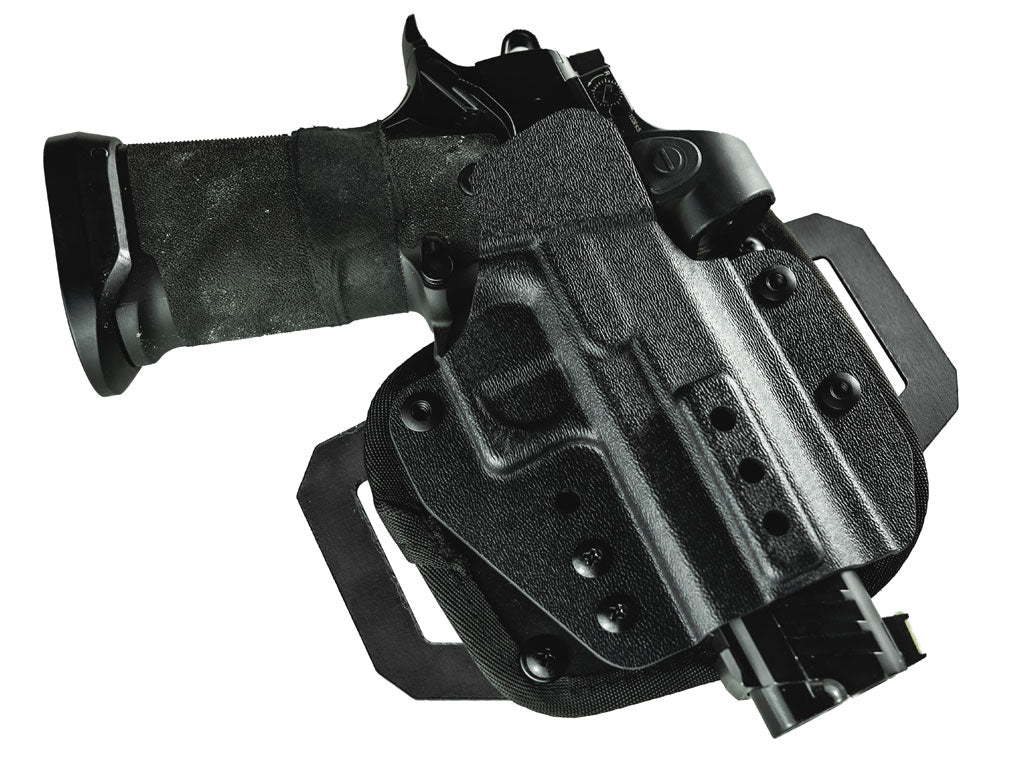 A black OMNICARRY multi-fit holster for 1911/2011 variants, with foam & mesh backer, designed for outside the waistband carry.
