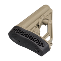 A tan plastic rifle stock buttstock with a black honeycomb-patterned rubber butt pad, shown on a transparent background.