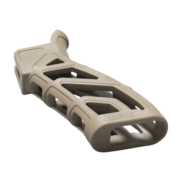 A tan polymer tactical grip with a lattice cutout design, featuring the brand name 'ADAPTIVE' embossed on the side, shown on a transparent background.
