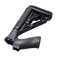 A black molded polymer tactical shotgun stock and pistol grip assembly, shown on a transparent background.