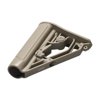 A tan molded plastic firearm stock component buttstock with integrated adjustment screws and a circular mounting hole, shown on a transparent background.
