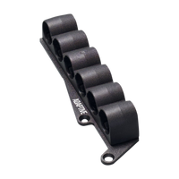 A black polymer receiver-mounted shotshell carrier with individual shell loops and molded structural side ribbing, shown on a transparent background.