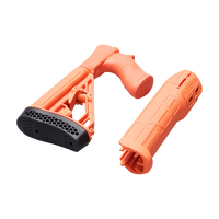 An orange plastic rifle stock buttstock accessory and forend accessory shown in two separated pieces on a transparent background.