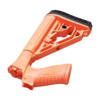 A high-visibility orange adjustable buttstock assembly with a black rubber recoil pad, displayed against a transparent background.