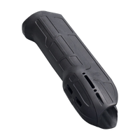 A black molded polymer tactical shotgun forend with deep non-slip grip ridges and an integrated accessory rail, shown on a transparent background.