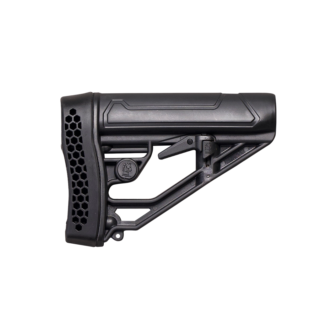 A black adjustable rifle stock with a honeycomb-patterned buttplate and a textured grip, shown on a transparent background.