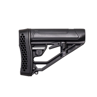 A black adjustable rifle stock with a honeycomb-patterned buttplate and a textured grip, shown on a transparent background.