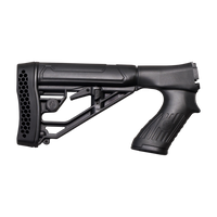 A black polymer tactical rifle stock and handguard assembly, featuring a textured grip and a honeycomb-patterned vent on the buttstock, shown against a transparent background.