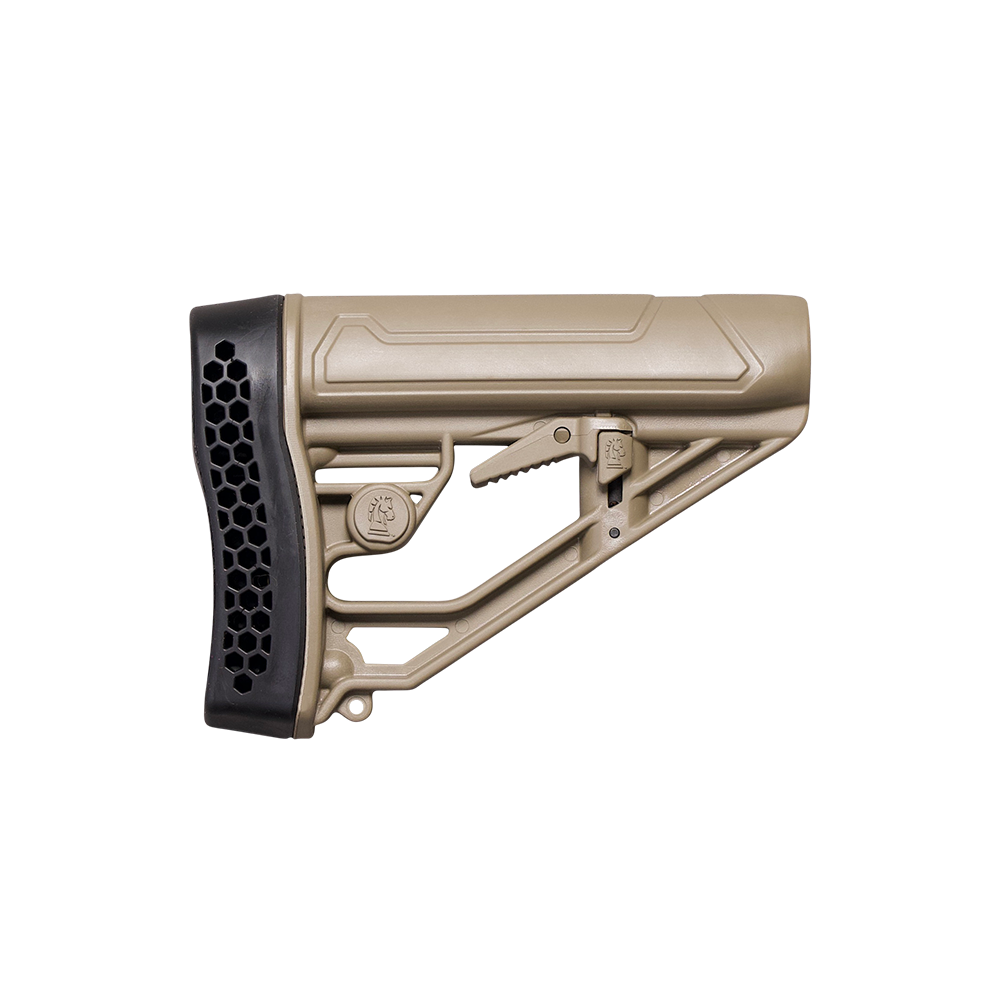 A tan molded polymer rifle stock with a black textured honeycomb-patterned butt pad, shown from a side profile on a transparent background.